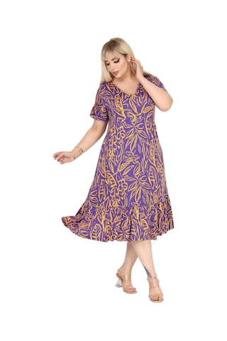 Melsay Butik Göğüsten Robalı V Yaka Kısa Kollu Mor Yaprak Desen Cepli Elbise Mor