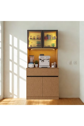 Nordıc Wood Led Li Kahve Köşesi Ünitesi Mını Kompakt Füme Cam Vitrin Komple Mdf Modern Mutfak Dolabı Kahverengi