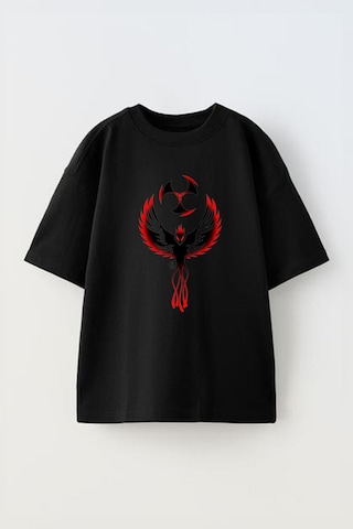 Thewert Unisex Anka Kuşu Ve Ninja Yıldızı Tasarım Baskılı Pamuk Sıyah Oversize T-shirt Siyah