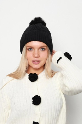 Kalın Ponponlu İçi Yünlü Kadın Bere 1140 Rkş-17 Siyah Siyah