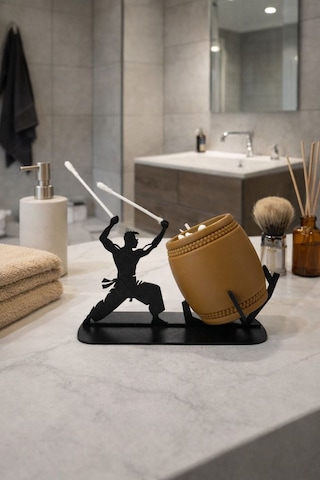 Samuray Figürlü Dekoratif Kulak Çubuğu Tutucu Dekoratif & Fonksiyonel Banyo Organizeri Dekorasyonu Siyah - Kahverengi