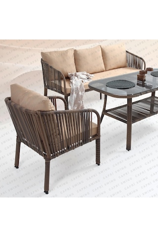 Capri Swing Artemis Üçlü Rattan Balkon Bahçe Takımı Kahve