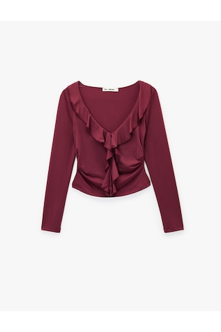 Koton Fırfır Detaylı Uzun Kollu Slim Fit V Yaka Tişört Bordo 6wal10543ık