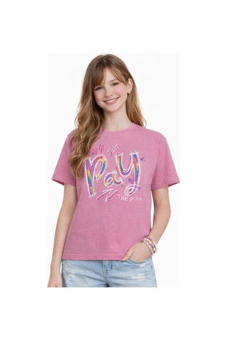 Irem Kız Çocuk Pay Price Yazı Desenli Crop Model Oversize Kalıp Pembe Renk Kısa Kollu Tişört