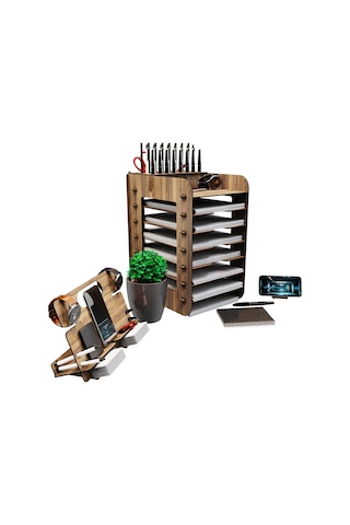 Kuk Design Robinia A4 Evrak Rafı Ofis Masaüstü Organizer Set Ceviz