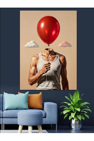 Ahşap Tablo Kırmızı Balon Kafalı Genç Adam İllüstrasyonu