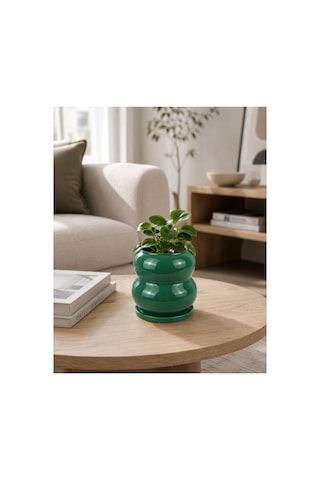 Pumpkin Seramik Saksı Parlak Yeşil Jade Green Çap:15cm Yük:14cm Tabaklı