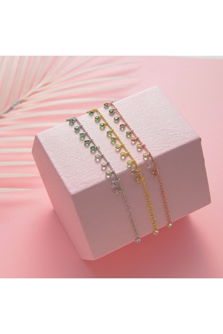 Queen Silver Jewelry 925 Ayar Gümüş Yeşil Renk Geçişli Top Zincirli Bileklik Altın