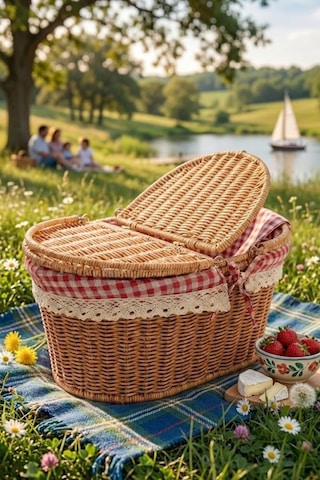 Atbyhome Hasır Piknik Sepeti Kapaklı Ve Bezli Rattan Sepet Organizer 40x29x18 Kahverengi