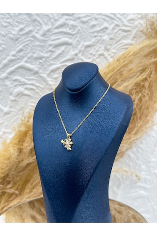 925 Ayar Gümüş Gold Renk Lotus Ve Kelebek Figürlü Kadın Kolye Gümüş