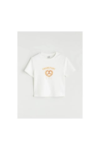 LC Waikiki Lcw Kids Ekru Bisiklet Yaka Frankfurt Baskılı Kız Çocuk Crop Tişört Ecru