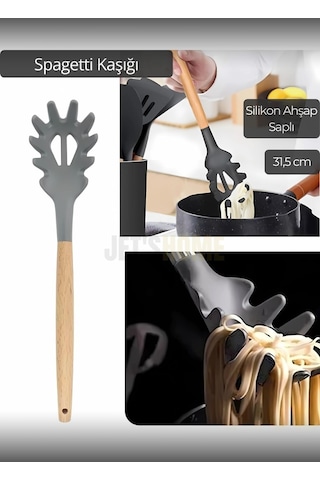 Silikon Spagetti Kaşığı Mutfak Kaşık Ahşap Saplı 31,5 Cm Siyah