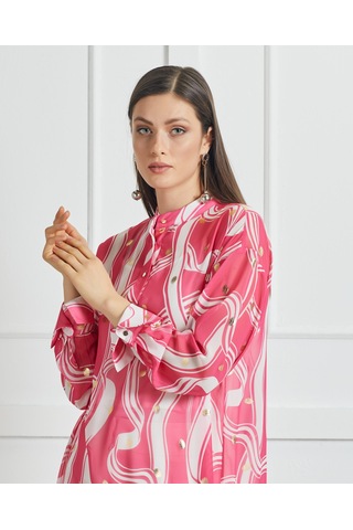 Serpil Exclusive Asimetrik Kesim Desenli Uzun Tunik Rahat Ve Şık Tasarım Pembe