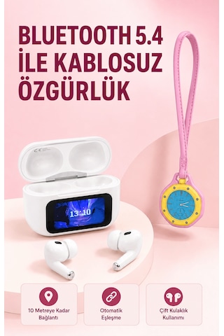 Bluetooth 5.4 Kablosuz Kulaklık Pembe Askılı Analog Charm Saat İk