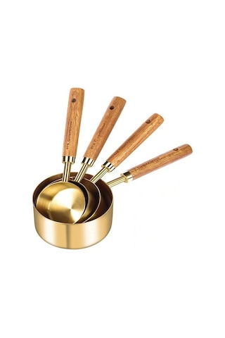 Qerhome 4'lü Ahşap Saplı Gold Lüks Ölçü Kaşığı - Ölçü Kabı Altın