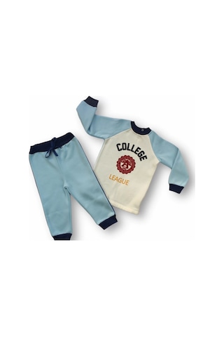 Melonika 9-12 12-18 18-24 24-36 Ay College Baskılı 3 İplik Kumaş Uzun Kollu Sweatli 2li Erkek Bebek Takımı Mavi Çok Renkli
