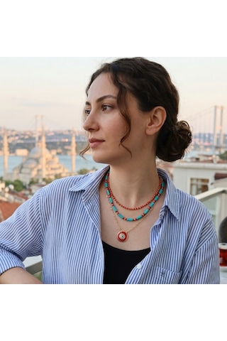 Lente Aksesuar Gold Kaplama Çoklu Kolye Kombini Kırmızı Turkuaz Boncuklu Nazar Kolye Seti Çok Renkli