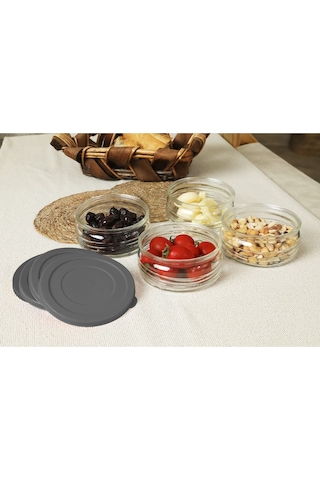 4'lü Premium Kahvaltılık Seti 410 Cc Gri Plastik Kapaklı, Cam Saklama Kabı, Hava Geçirmez Gri