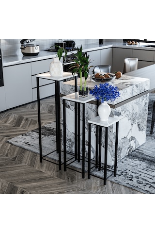 Dekoratif Saksılık 3'lü Takım - Metal Ayaklı Saksı Standı Yan Sehpa Beyaz