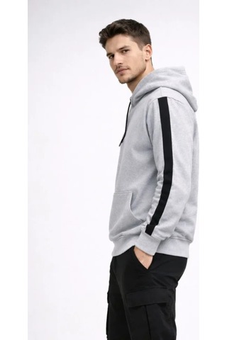 Butik İstanbul Erkek Şeritli Kapüşonlu Sweatshirt Oversize 3 Iplik Pamuklu - Beyaz
