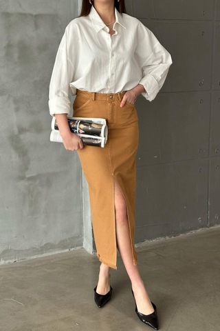 Alemdarshop Camel Gabardin Boyamalı Püsküllü Etek