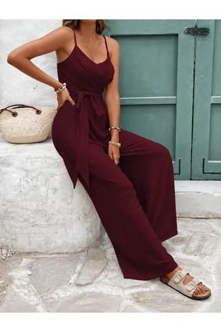 Efnaz Style Kadın Ip Askılı V Yakalı Belden Kuşaklı Uzun Aerobin Tulum Bordo