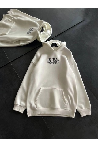 Valensdesign Üç İplik Penye Uzun Kol Kapşonlu Baskılı Sweatshirt - Beyaz