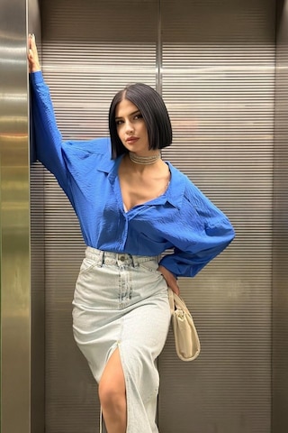 Kar Yıkama Yırtmaçlı Kot Etek Kar Yıkama