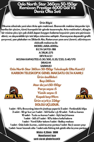 Oslo North Star 360cm 50-150gr Okuma Aria 6000 Göl Ve Deniz Olta Seti