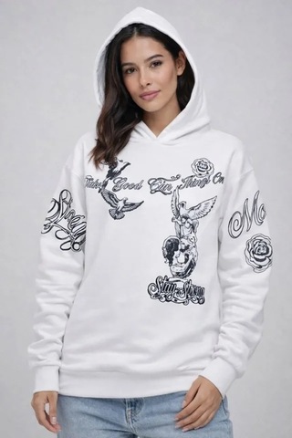 Defymoda 3 İplik Pamuklu Kapüşonlu Baskılı Sweatshirt Hoodie - Beyaz