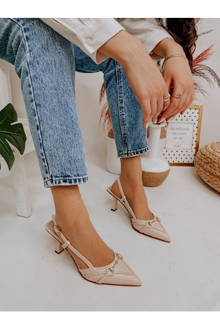 Ervanın Butiği Bej Deri Moss Toka Detay Kadın Stiletto-3649