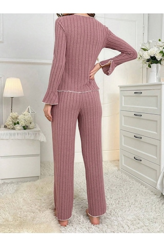 Bella Notte Gül Kurusu Uzun Kollu Fırfırlı Pijama Takımı Beyaz