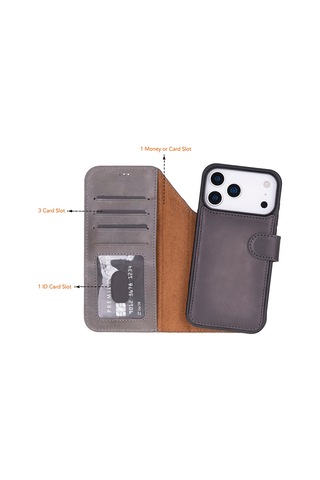 Bloomcase Magic Apple Uyumlu iPhone 17 Pro Max 6.9" Ash Mist Ayrılabilir Hakiki Deri Cüzdanlı Telefon Kılıfı Gri - Gümüş