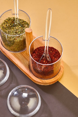 Kaşıklı Şeffaf Kapaklı Ahşap Standlı 2'li Kavanoz Baharat Seti ŞEffaf