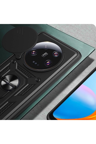 Xiaomi Mi 13 Ultra Kılıf Sürgülü Kamera Koruyucu Manyetik Standlı Tank Koruma Pazarplus Mavi