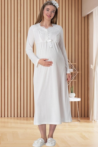 Mecit Pijama Mecit 5417 Ekru Uzun Sabahlıklı Lohusa Gecelik Takımı