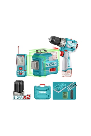 Total TOSLI250101E Avantaj 3'lü Set Darbeli Matkap 16V + Kablosuz 3D Lazer 100 Metre Hizalama Ölçme