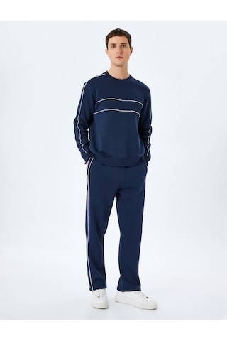 Koton Pamuk Karışımlı Uzun Kollu Biyeli Bisiklet Yaka Sweatshirt Lacivert 5wam70258mk Lacivert