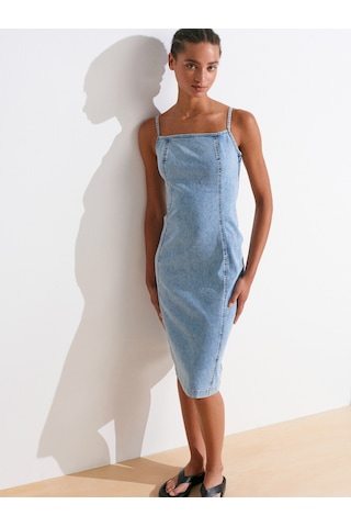 Dilvin 90563 Power Likra Ortaboy Denim Elbise-mavi Mavi