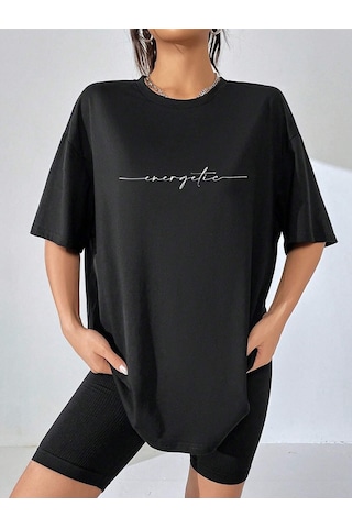 Energetic Yazılı T-shirt - Siyah Baskılı Oversize Bisiklet Yaka Kısa Kol Tişört Siyah