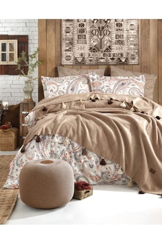 Çift Kişilik Pamuk Battaniyeli Nevresim Takımı Boho Chic Cappucino Kahve Renkli