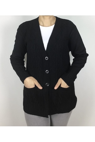 Önü Düğmeli Cepli Yünlü Kısa Anne Hırka Siyah