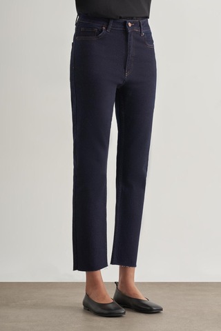 Mizalle Kesikli Mom Fit Denim Lacivert Pantolon Lacivert