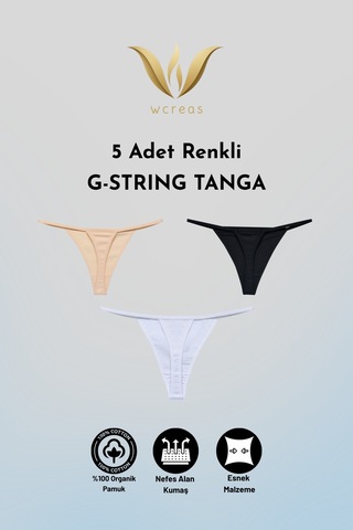 Wcreas Kadın İpli Tanga, Pamuklu Yumuşak Kumaş G-string Tanga 5'li Paket Karışık Karışık