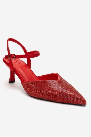 Luvishoes Nıvora Kırmızı Saten Taşlı Kadın İnce Topuklu Abiye Ayakkabı
