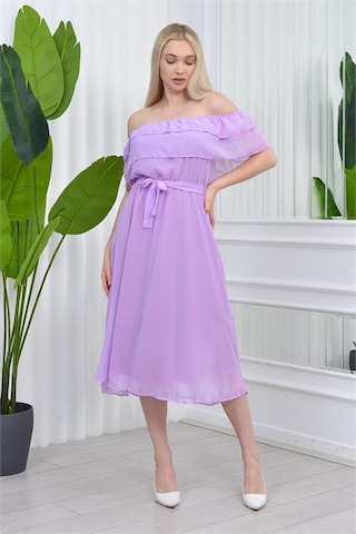 Neşeli Butik Kadın Madonna Yaka Kuşaklı Şifon Elbise Nb8060 - Lila Lila