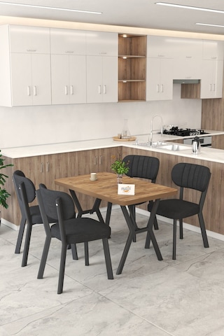 Gnr 70x110cm Sabit Atlantik Mutfak Masası Takımı, Yemek Masası, 4 Modern Siyah Sandalye Siyah