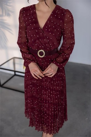 Neşeli Butik Kadın Kemerli Puantiye Desenli Şifon Elbise Nbmy3286 Bordo