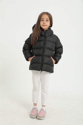Freemen Kız Çocuk Siyah Polarlı Kürklü Kapüşonlu Su Geçirmez Rüzgara Dayanıklı Şişme Kışlık Mont Siyah