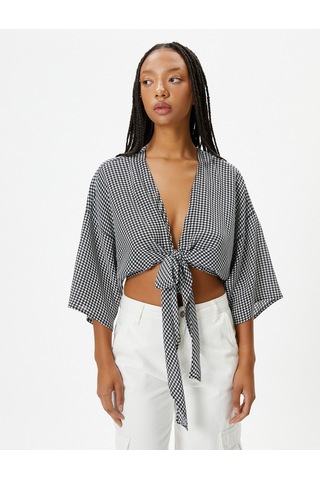 Koton Oversize Crop Kimono Bluz Kruvaze Geniş 3/4 Kol Kaz Ayağı Desenli Bağlama Detaylı Siyah Desenli 4wal60116ıw